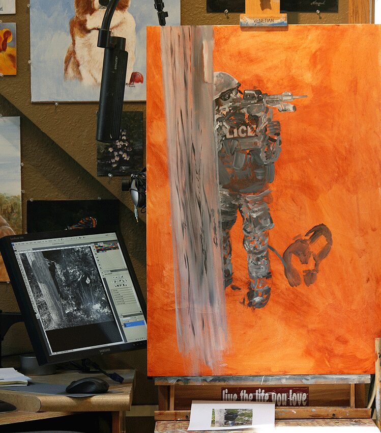 Easel showing tactical figure painting in studio