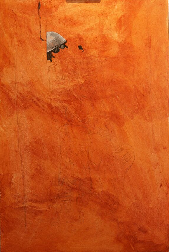Close-up orange underpainting with helmet detail