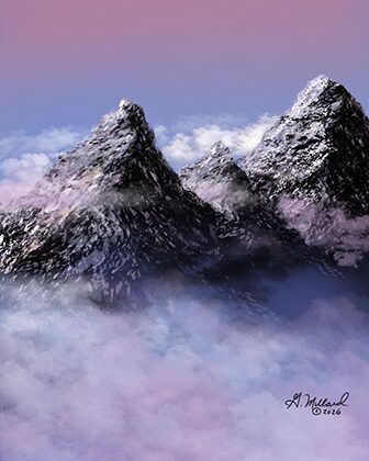 Snow-covered mountain peaks rising above misty clouds at dawn.