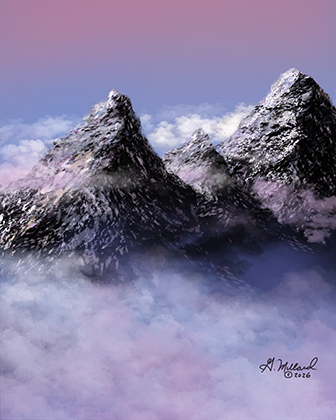 Snow-covered mountain peaks rising above misty clouds at dawn.