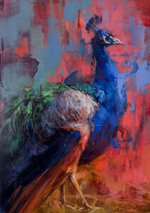 Colorful abstract painting of a peacock with vibrant blue and green hues.