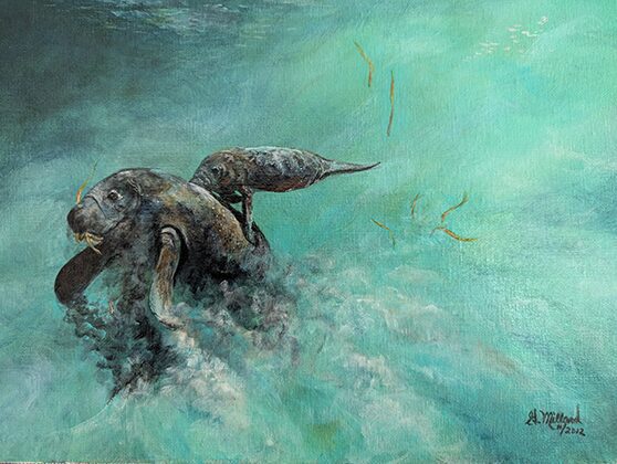 A surreal painting of a figure submerged in swirling water.
