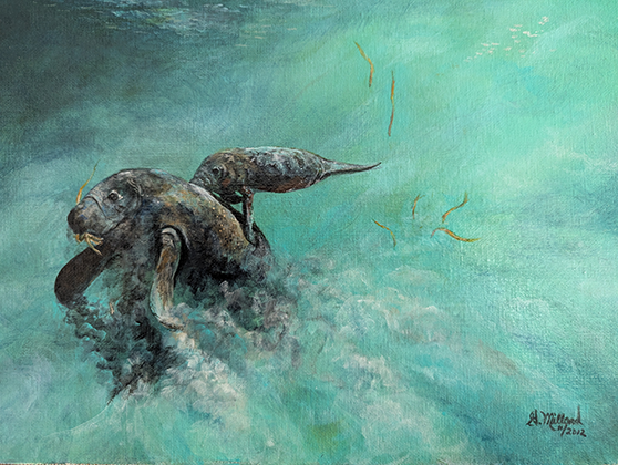 A surreal painting of a figure submerged in swirling water.