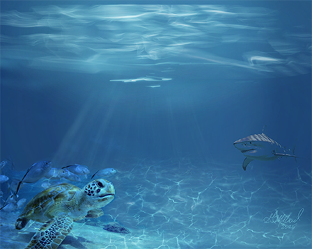A sea turtle and a shark swimming underwater in clear blue ocean.