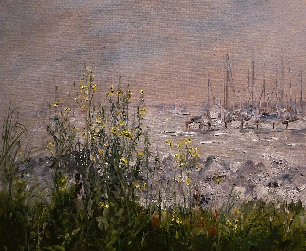 A serene harbor scene with blooming yellow flowers in the foreground.